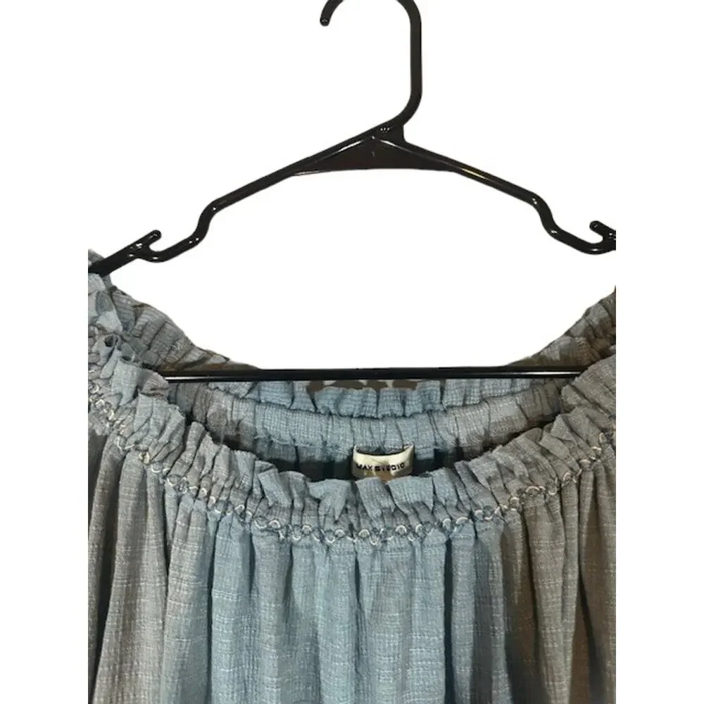 Max Studio Light Blue Short Sleeve Scrunched Wide Neck Blouse Women Sz L - Picture 4 of 9